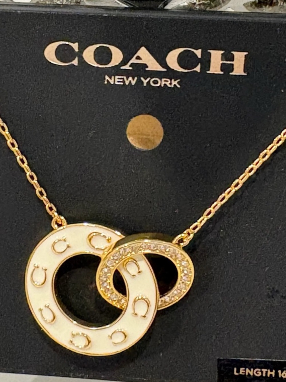 Coach Gold-Tone Necklace with White Enamel & Crystal Interlocking Circles NWT